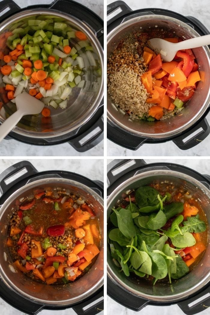 a collage of the steps to make instant pot unstuffed peppers